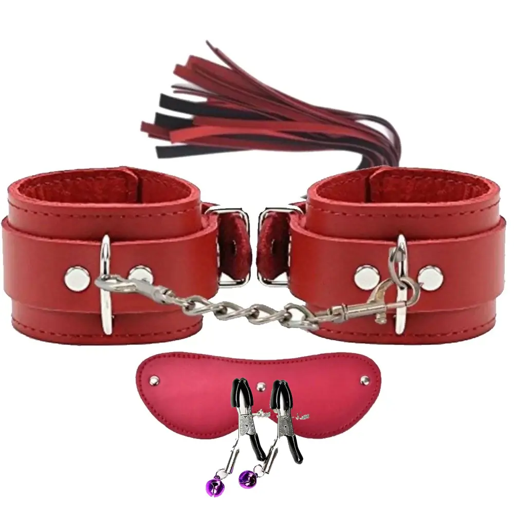 Vişne Fetish Fantasy Series Cuffs 4 Pcs. Deri Fetiş Pozisyon Kelepçe Seti-Kırmızı