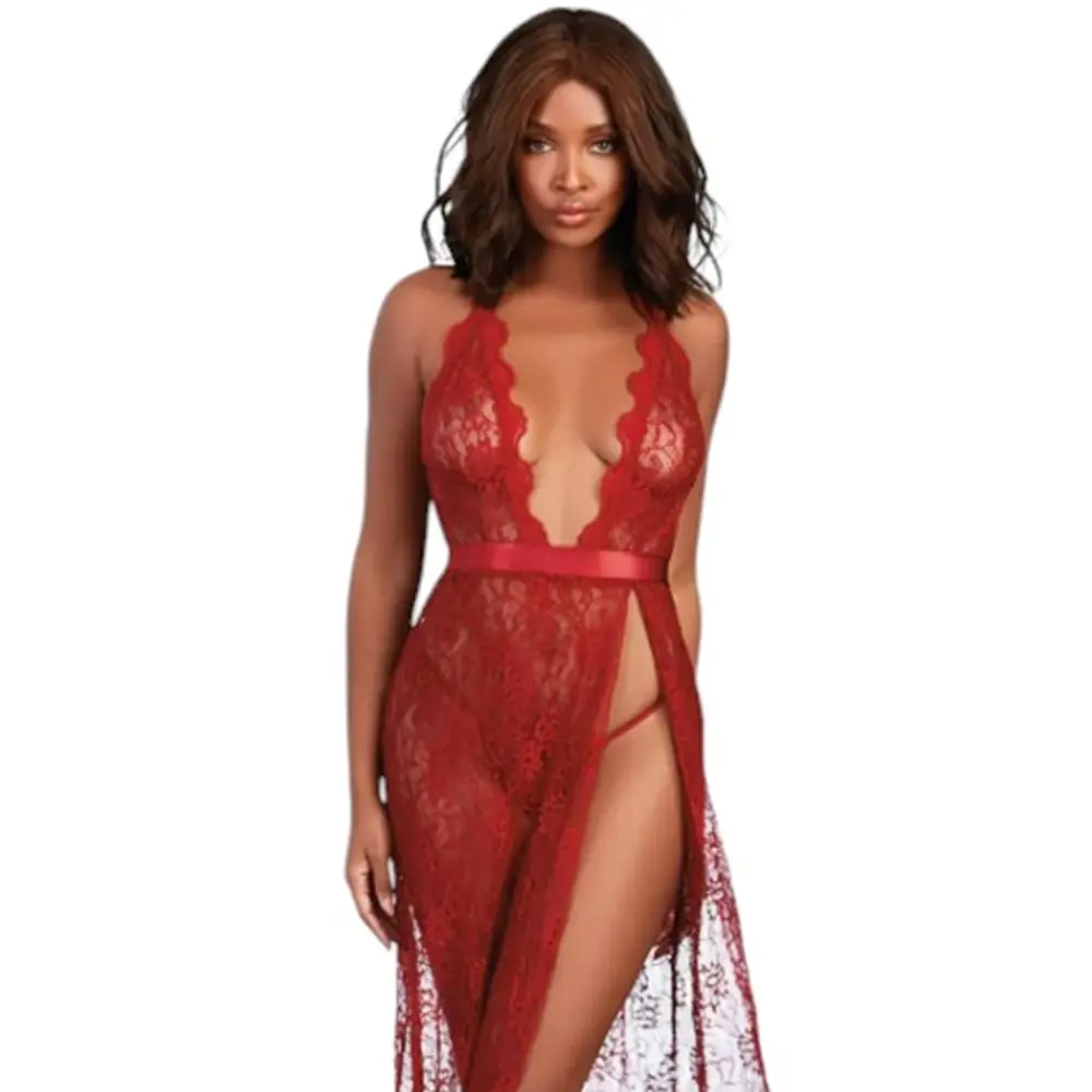 Vişne Fantasy Wear Daria Dantelli Fiyonklu Uzun Gecelik Takımı