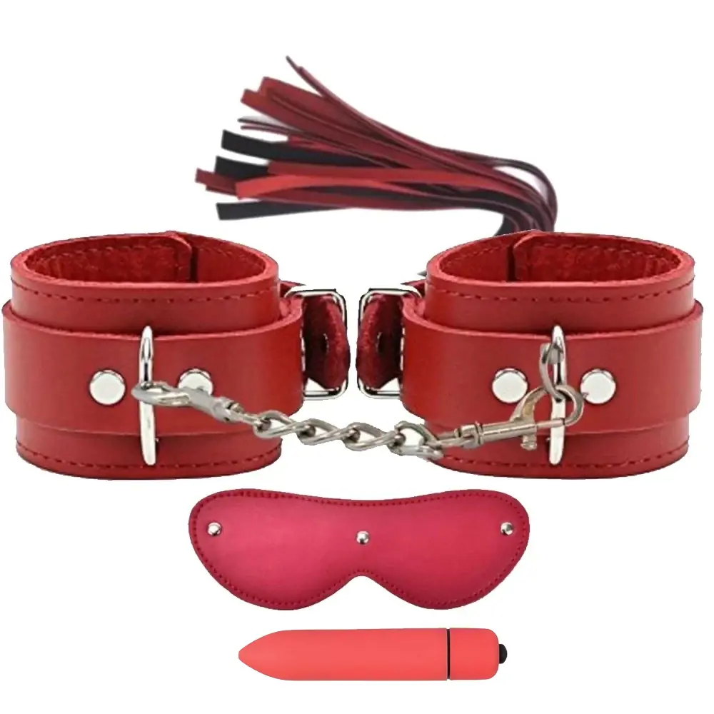 Vişne Fetish Fantasy Series Cuffs Vibratörlü Deri Fetiş Pozisyon Kelepçe Seti-Kırmızı