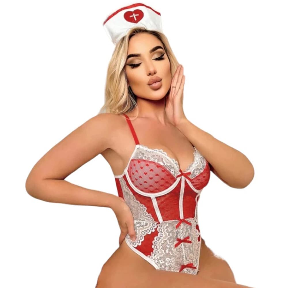 Vişne Fantasy Wear Tanga Dekolte Seksi Hemşire Kostümü