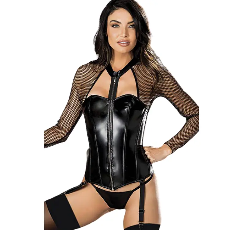 Vişne Fantasy Wear File Detaylı Jartiyerli Fantazi Deri Büstiyer Takım