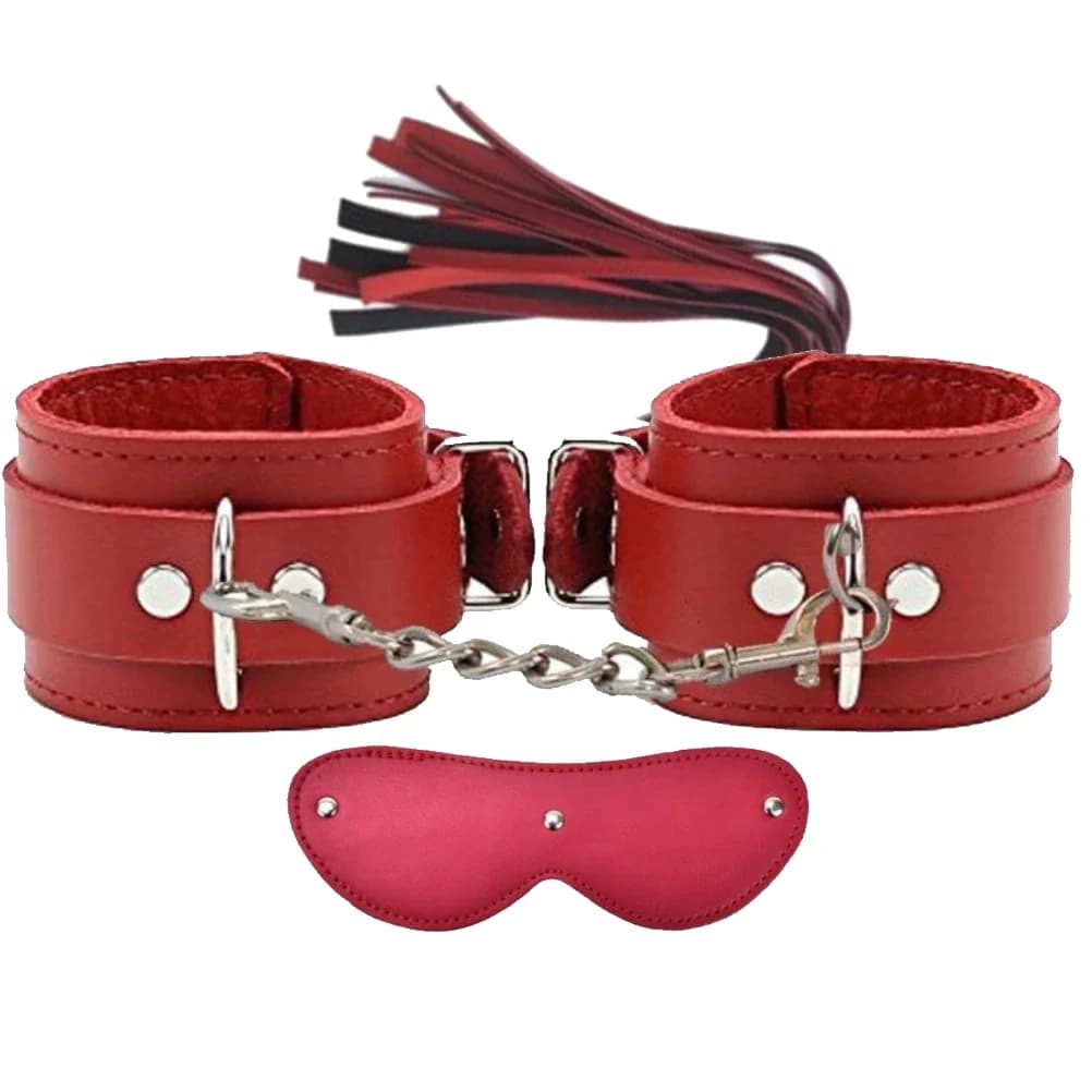 Vişne Fetish Fantasy Series Cuffs 3 Pcs. Deri Fetiş Pozisyon Kelepçe Seti-Kırmızı