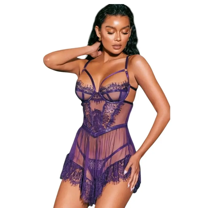 Vişne Fantasy Wear Britli Mor Takım Dantel Transparan Gecelik
